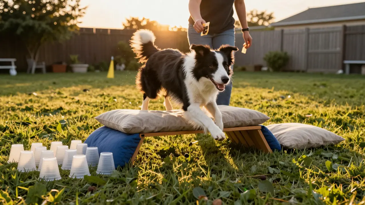Border collie jumping over a pillow obstacle in a backyard agility course