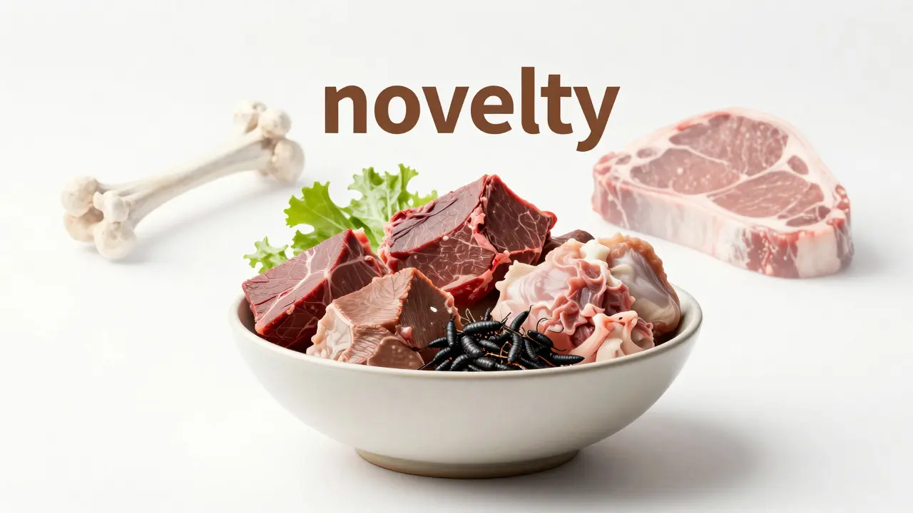 Bowl of exotic novel proteins like venison and insect larvae with fading common meat shapes