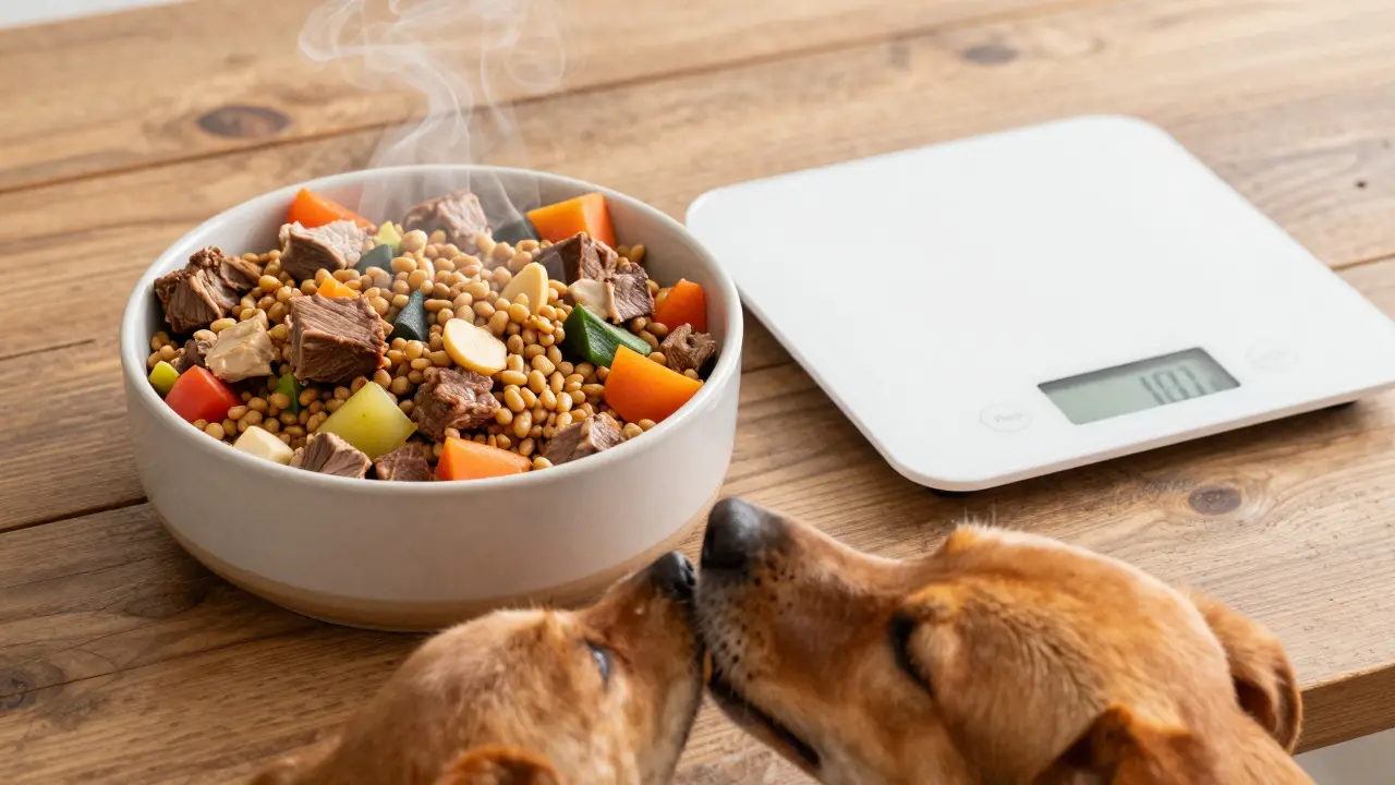 Bowl of fresh home-cooked dog food next to a scale with a dog eating