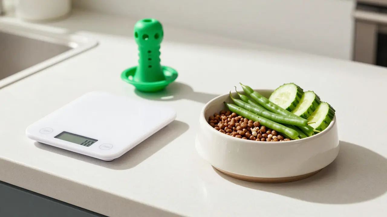Bowl of kibble and vegetables next to a scale and puzzle feeder on a kitchen counter