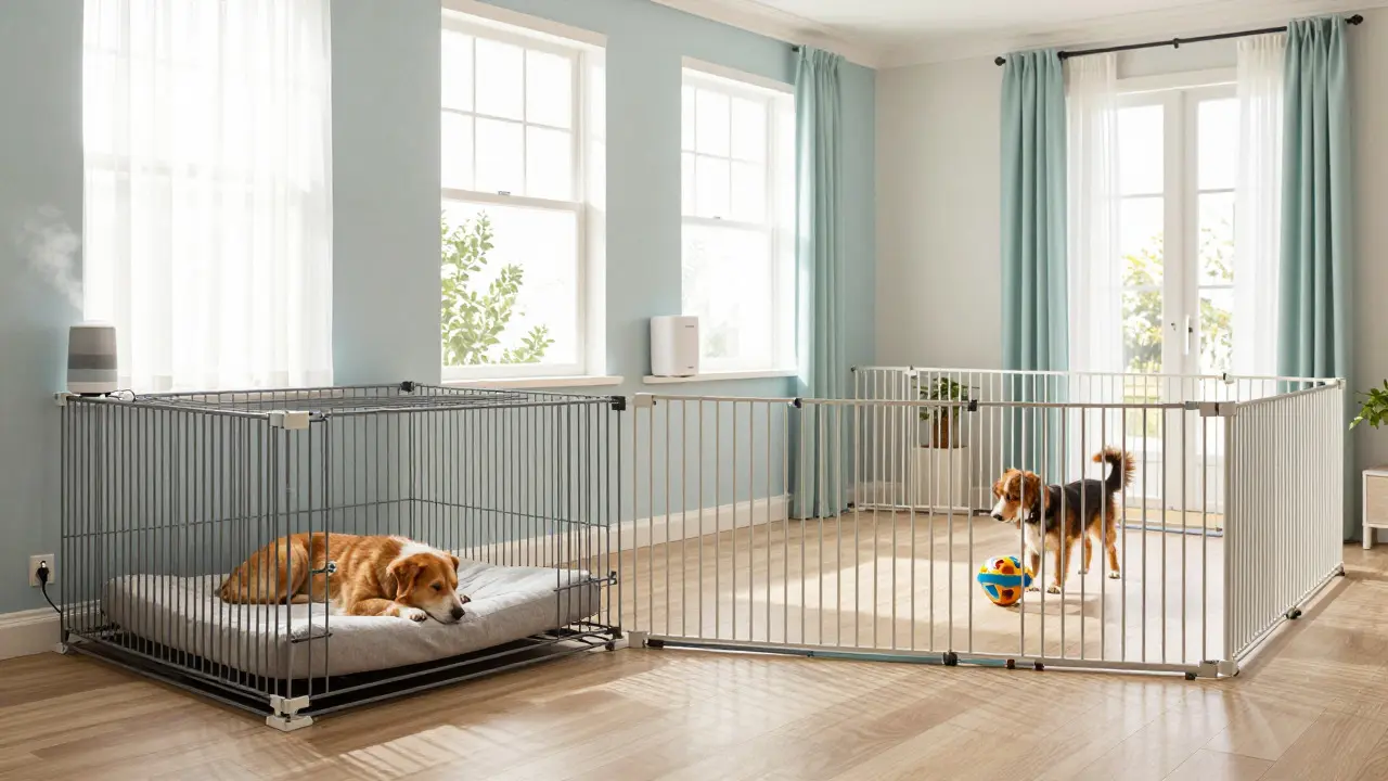 Calm home setup with separated zones, crates, and diffusers for dogs