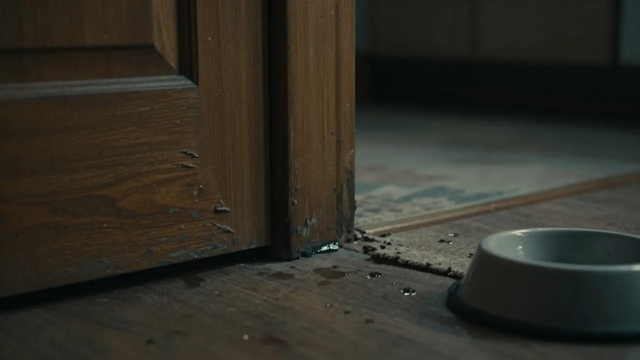 Chewed doorframe and untouched food bowl indicating canine separation anxiety