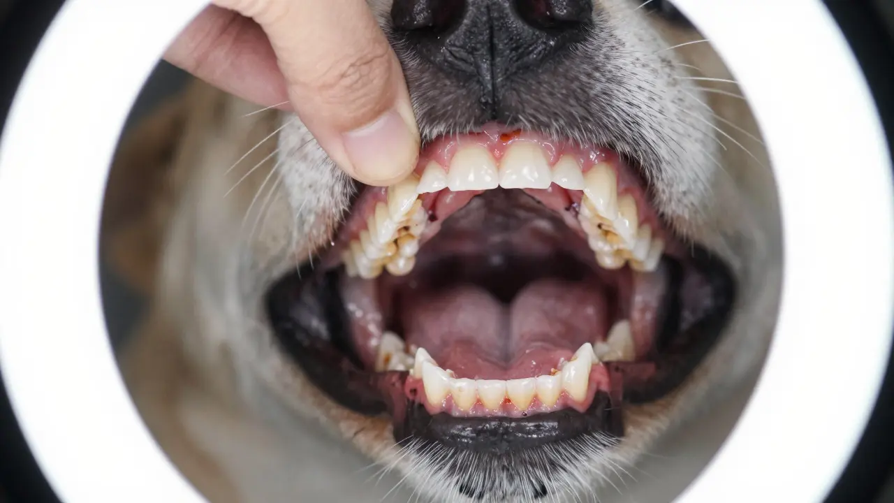 Close-up of a dog's mouth being examined with bright light to show dental health