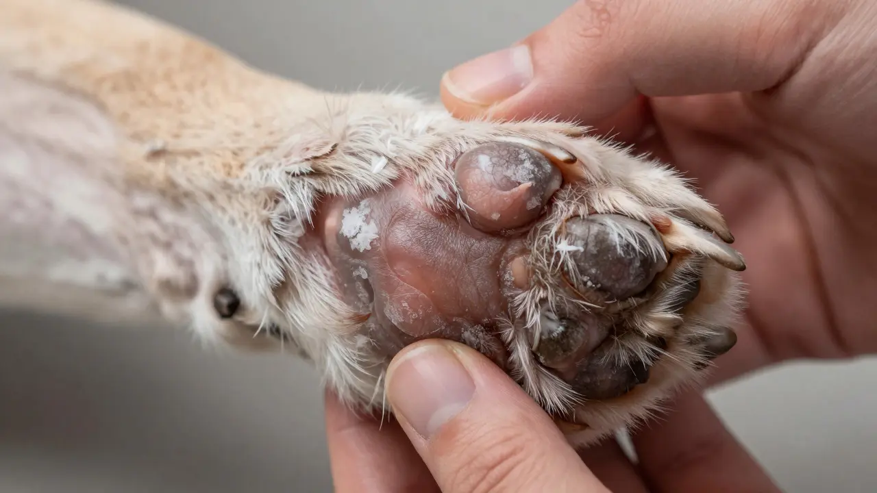 Close up of a dog paw showing signs of frostbite