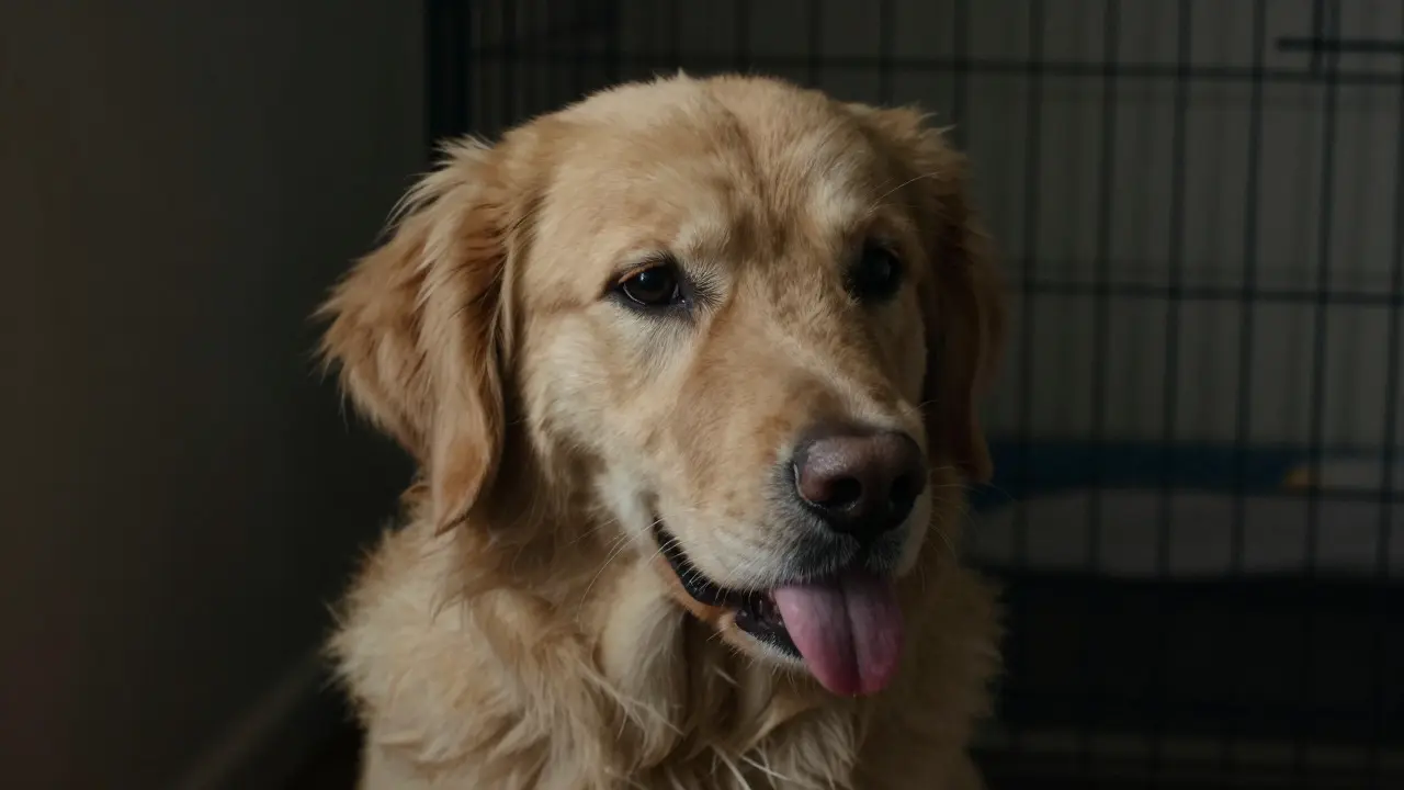 Close up of a dog showing whale eye and lip licking as stress signals
