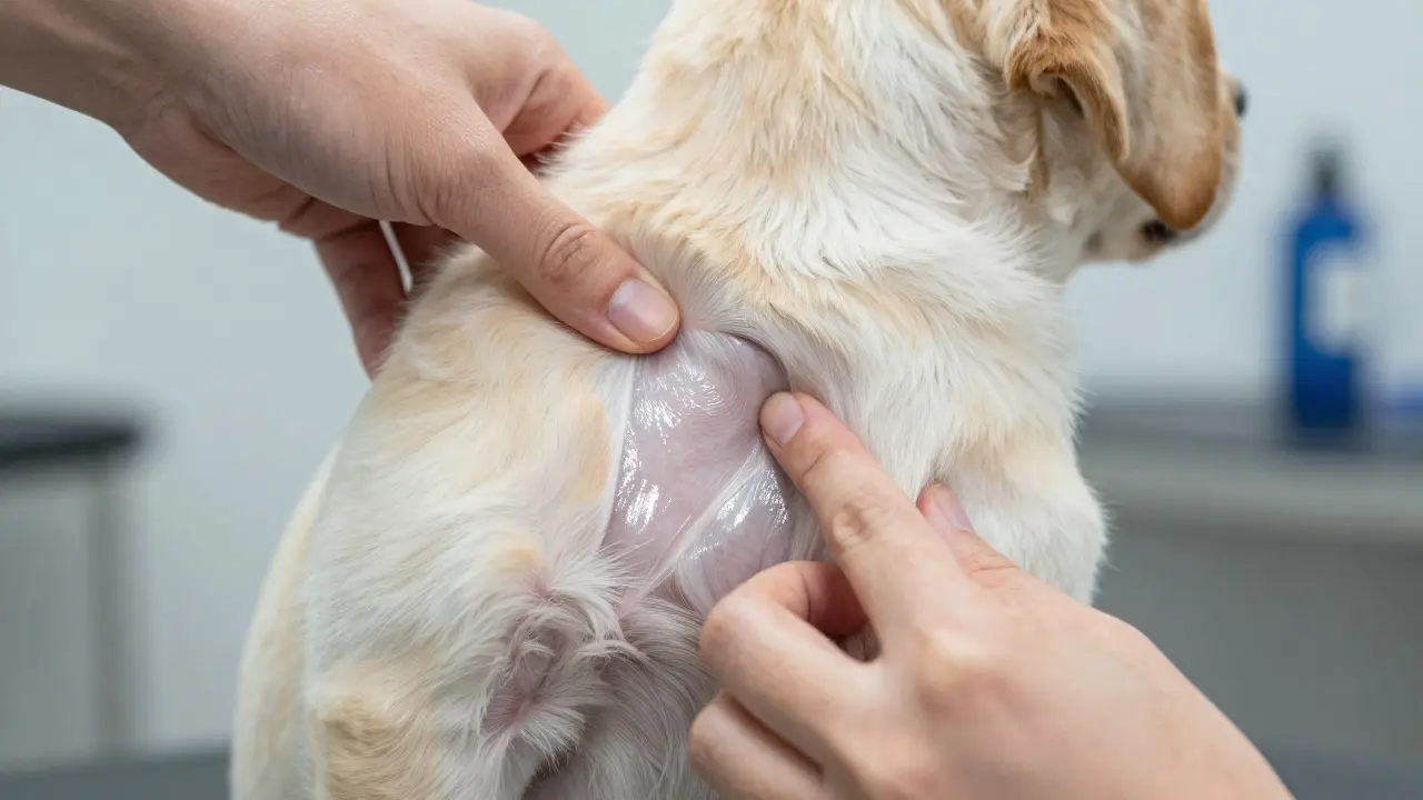Close-up of a hand checking the rib visibility on a Labrador puppy