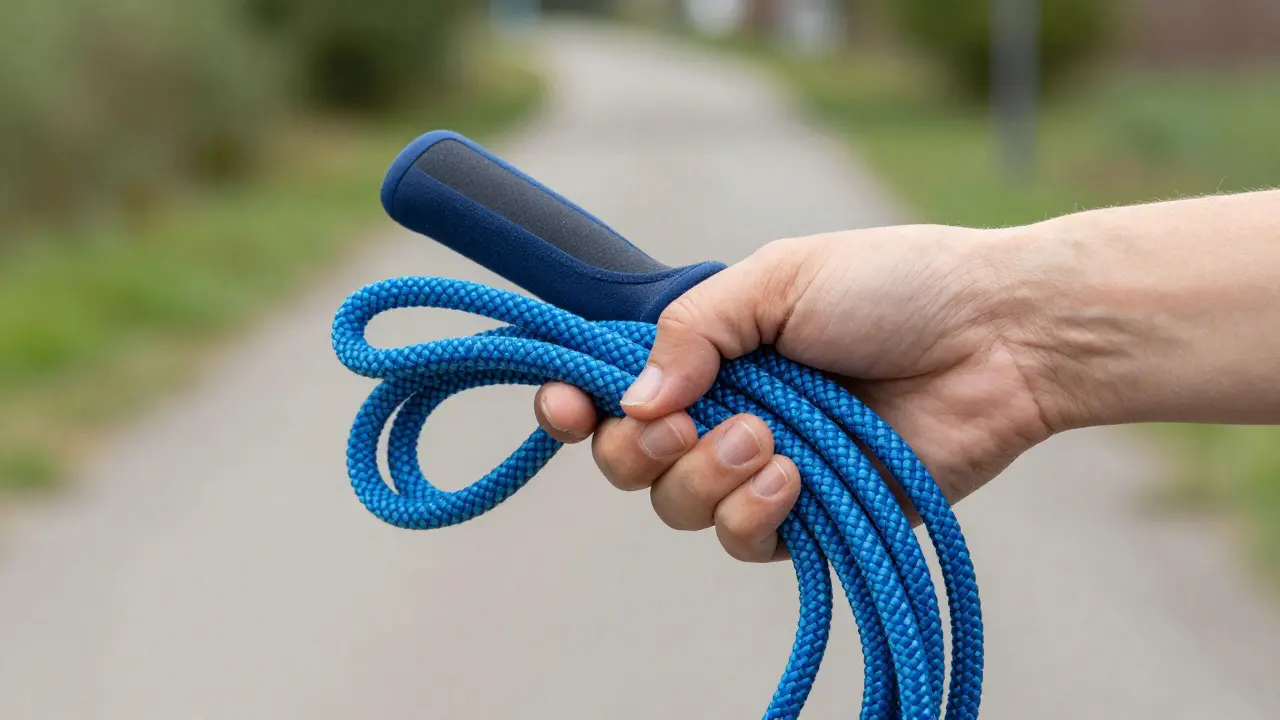 Close-up of a hand coiling a long line for safe dog walking