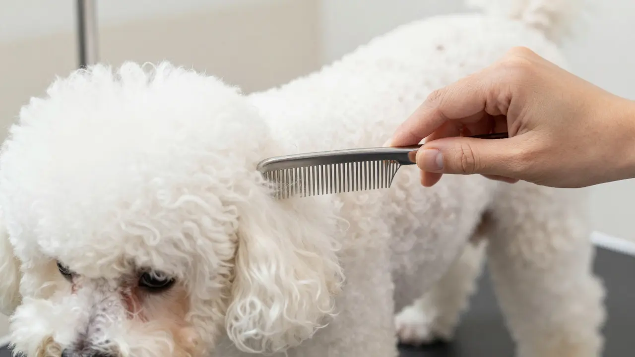 Close-up of a hand combing the fluffy white coat of a Bichon Frise