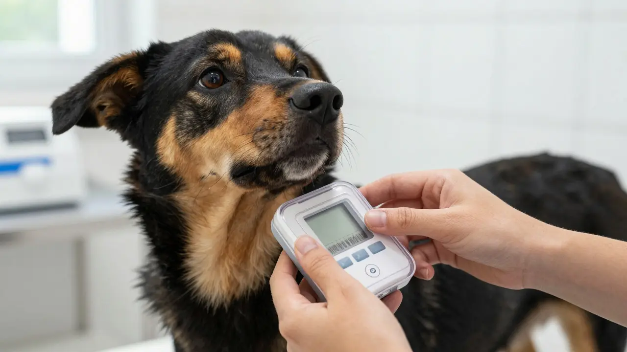 Close-up of an owner scanning a microchip on a mixed-breed dog in a clinic