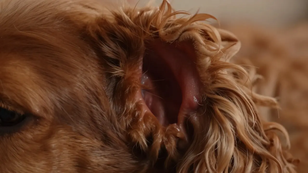 Close-up view of a floppy-eared dog's inner ear flap showing damp skin