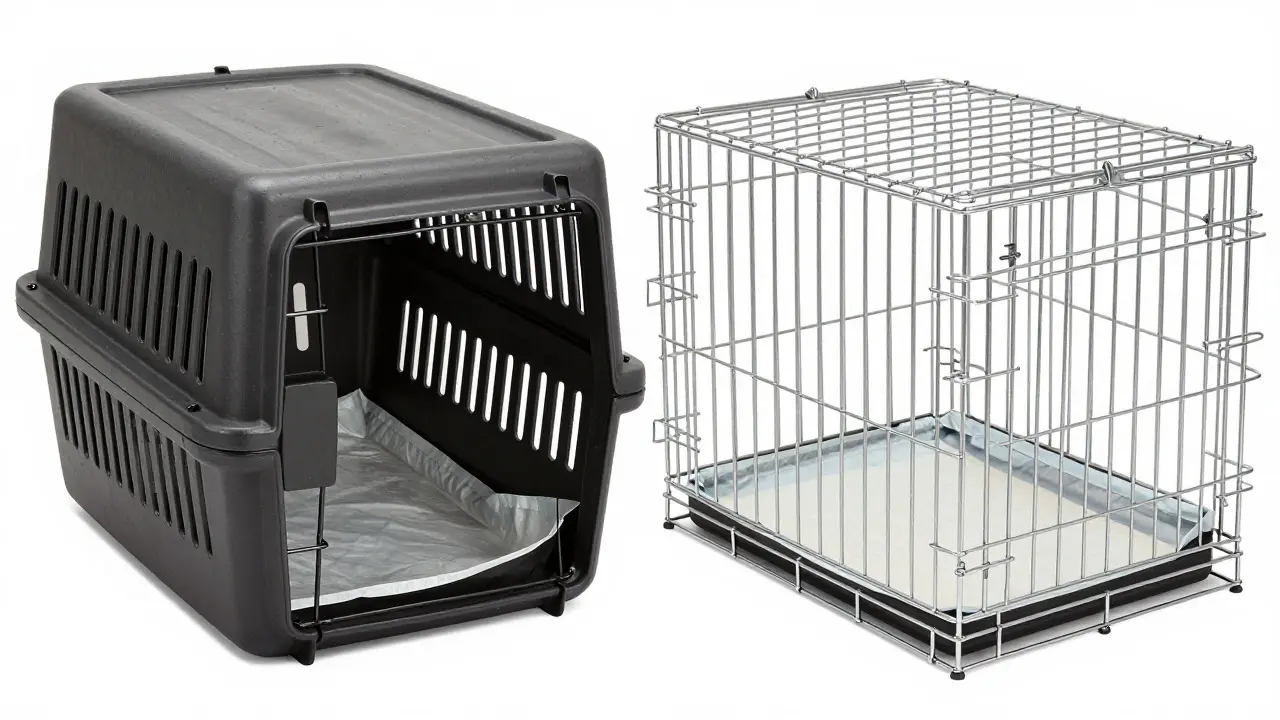 Comparison of plastic and wire puppy crates with bedding