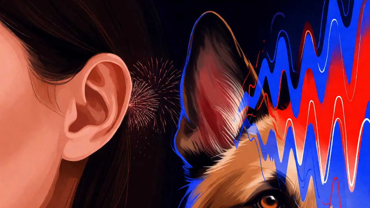 Conceptual art comparing human and dog hearing sensitivity to loud noises