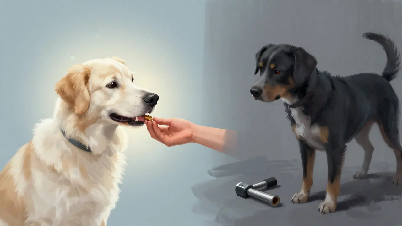 Conceptual art comparing positive vs aversive dog training methods