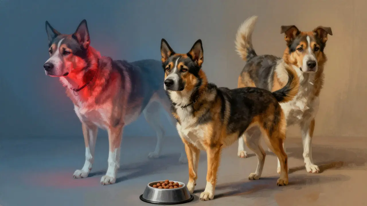 Conceptual art showing a dog displaying signs of pain, fear, and resource guarding