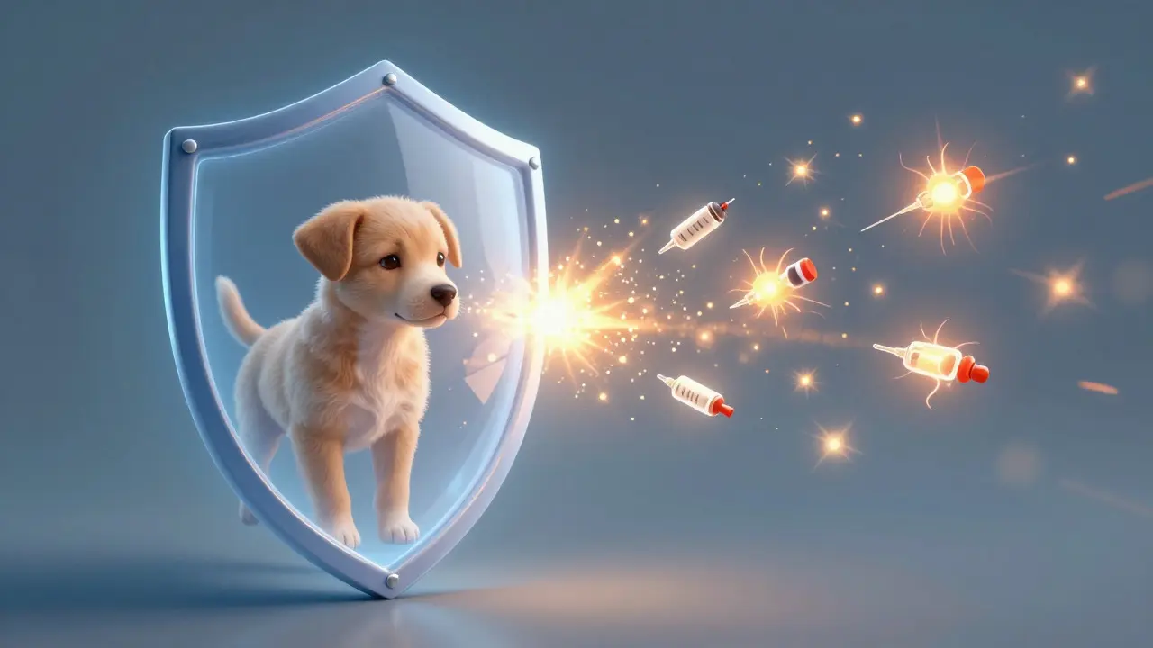 Conceptual art showing a protective shield fading as a puppy gains its own immune glow