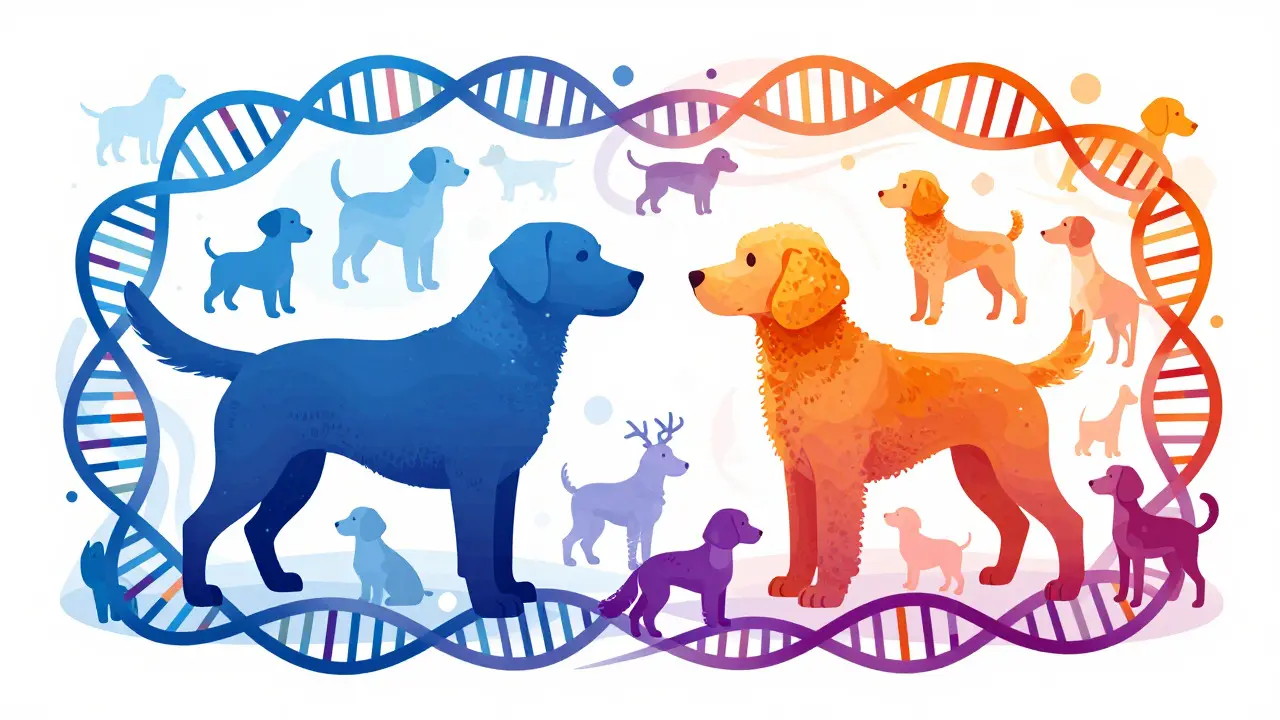 Conceptual art showing DNA strands merging to form different dog shapes
