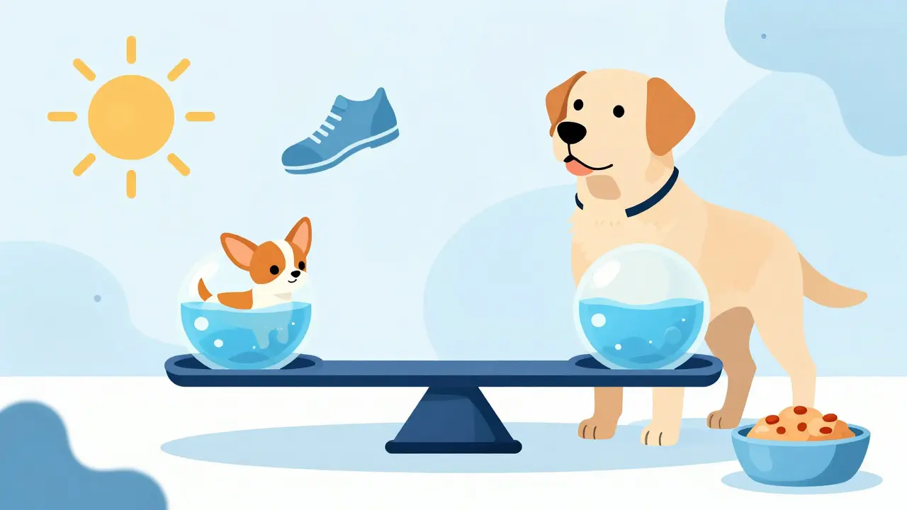 Conceptual art showing water needs varying by dog size and environment