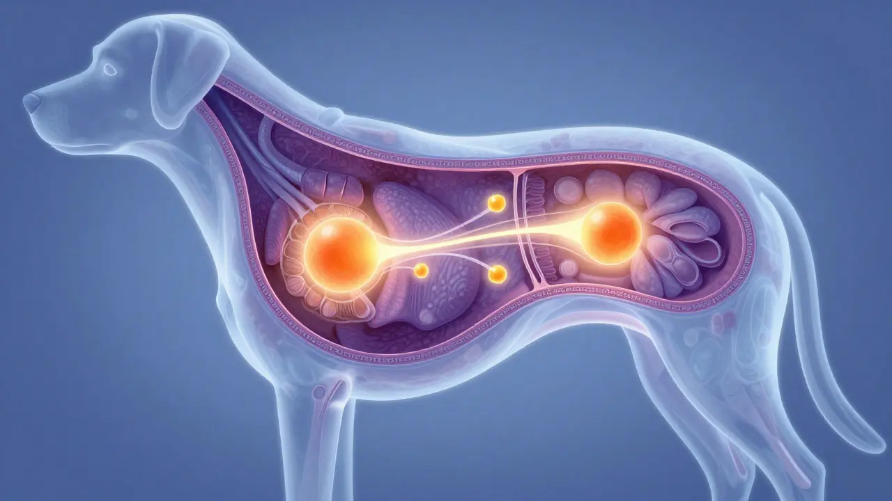 Conceptual illustration of internal ovulation process in a female dog with glowing hormones