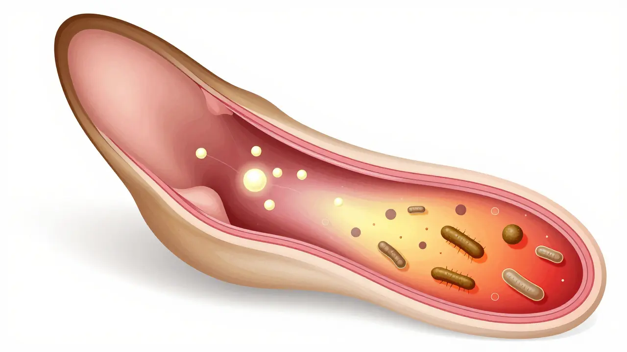 Cross-section illustration showing inflammation and bacterial growth inside a dog's ear canal