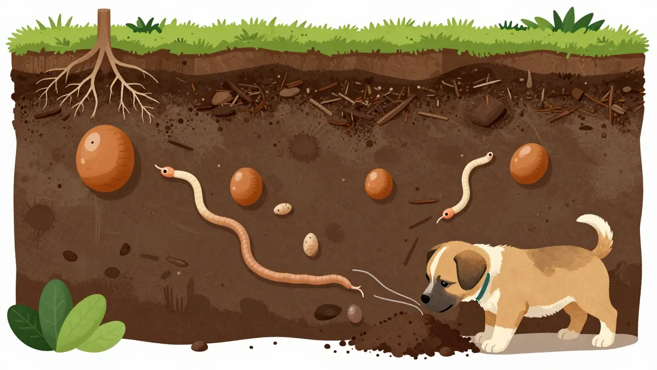 Cross-section of soil showing parasite life cycles and a puppy sniffing contaminated dirt