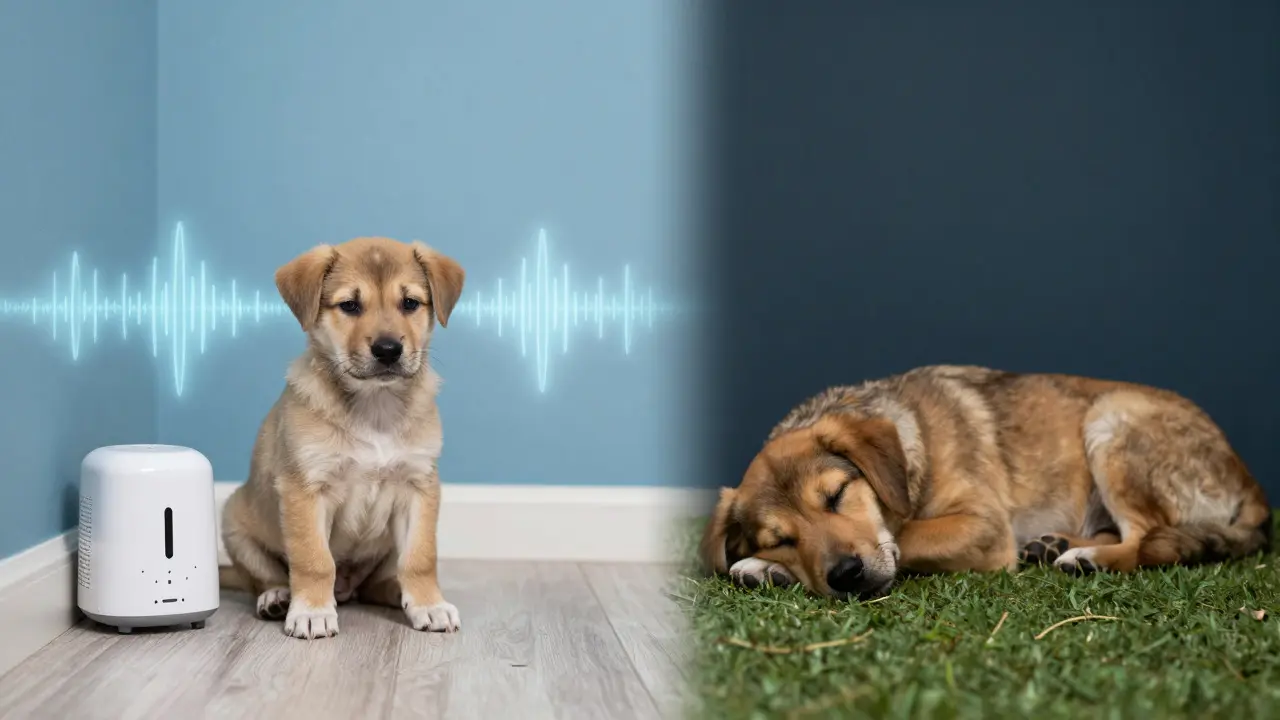 Digital art comparing a young anxious puppy and a calm adult dog in the same setting
