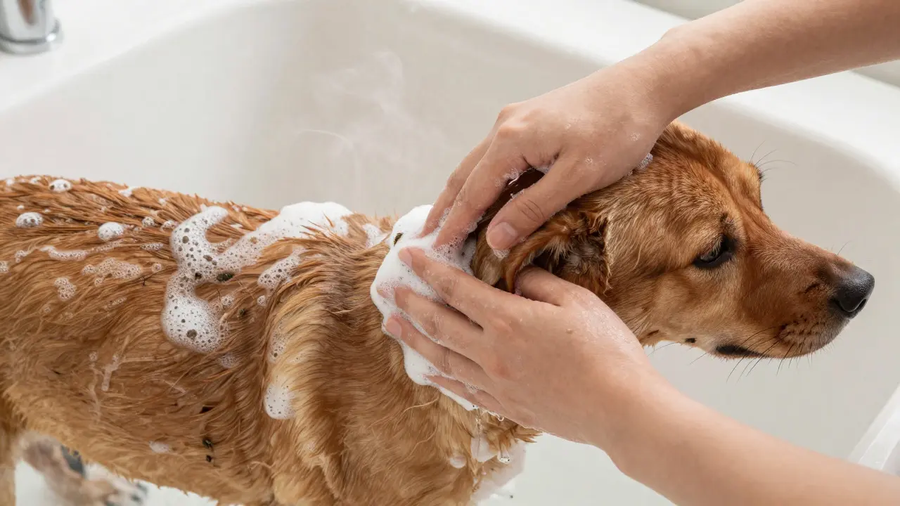 Dog being bathed with soap suds focusing on neck and back areas