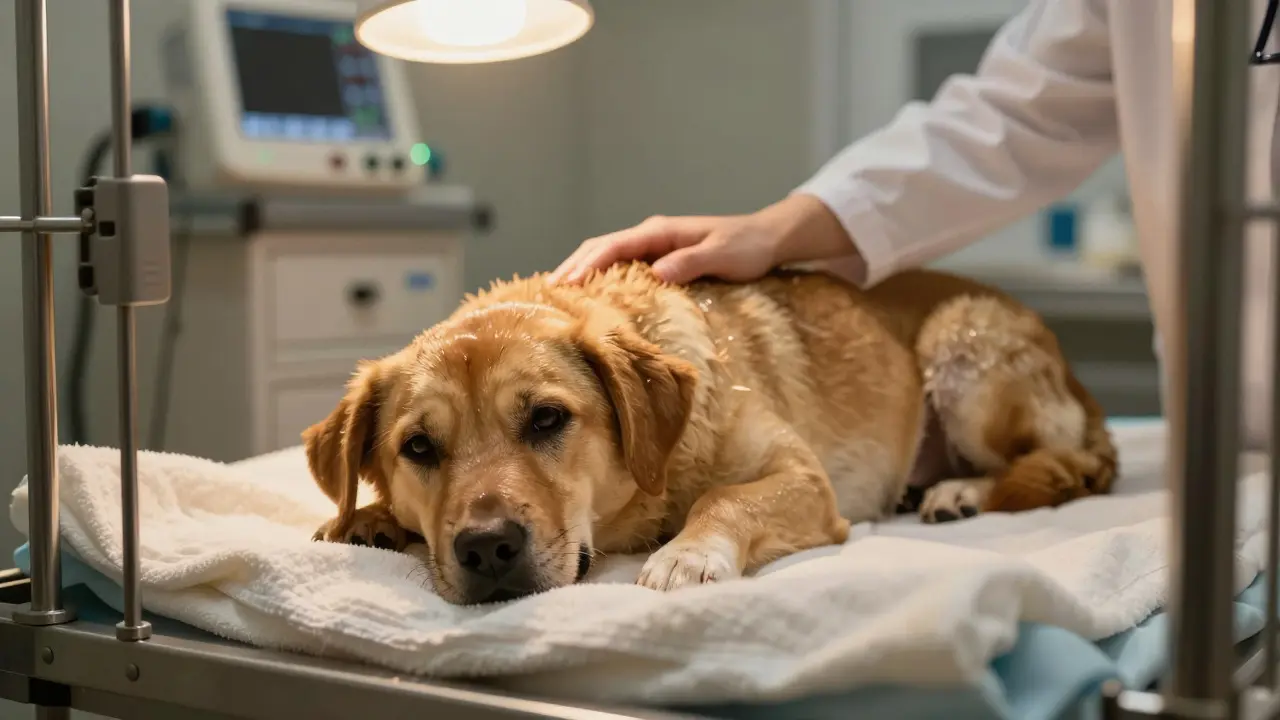 Dog resting calmly in a recovery cage with a vet's reassuring hand