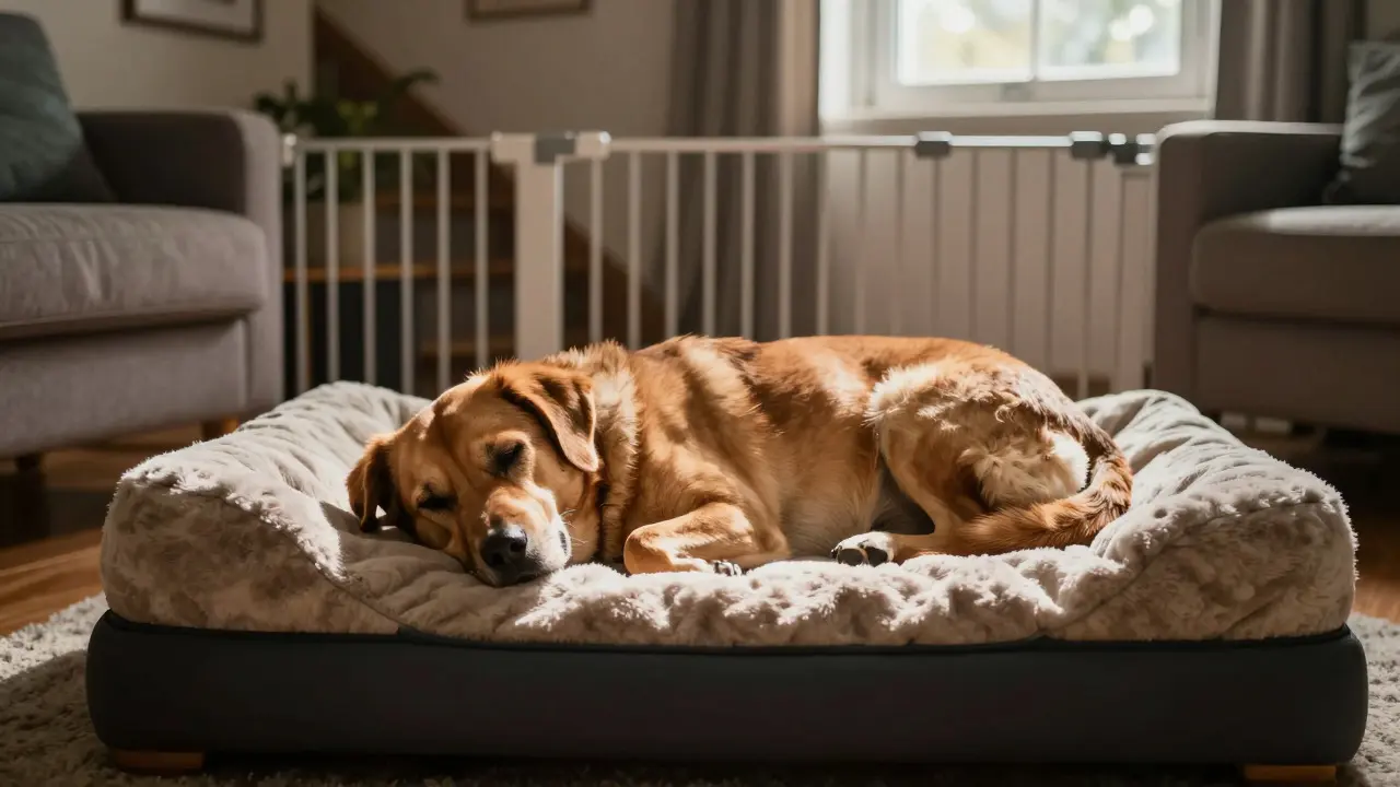 Dog resting on a bed in a quiet room with a baby gate in the background