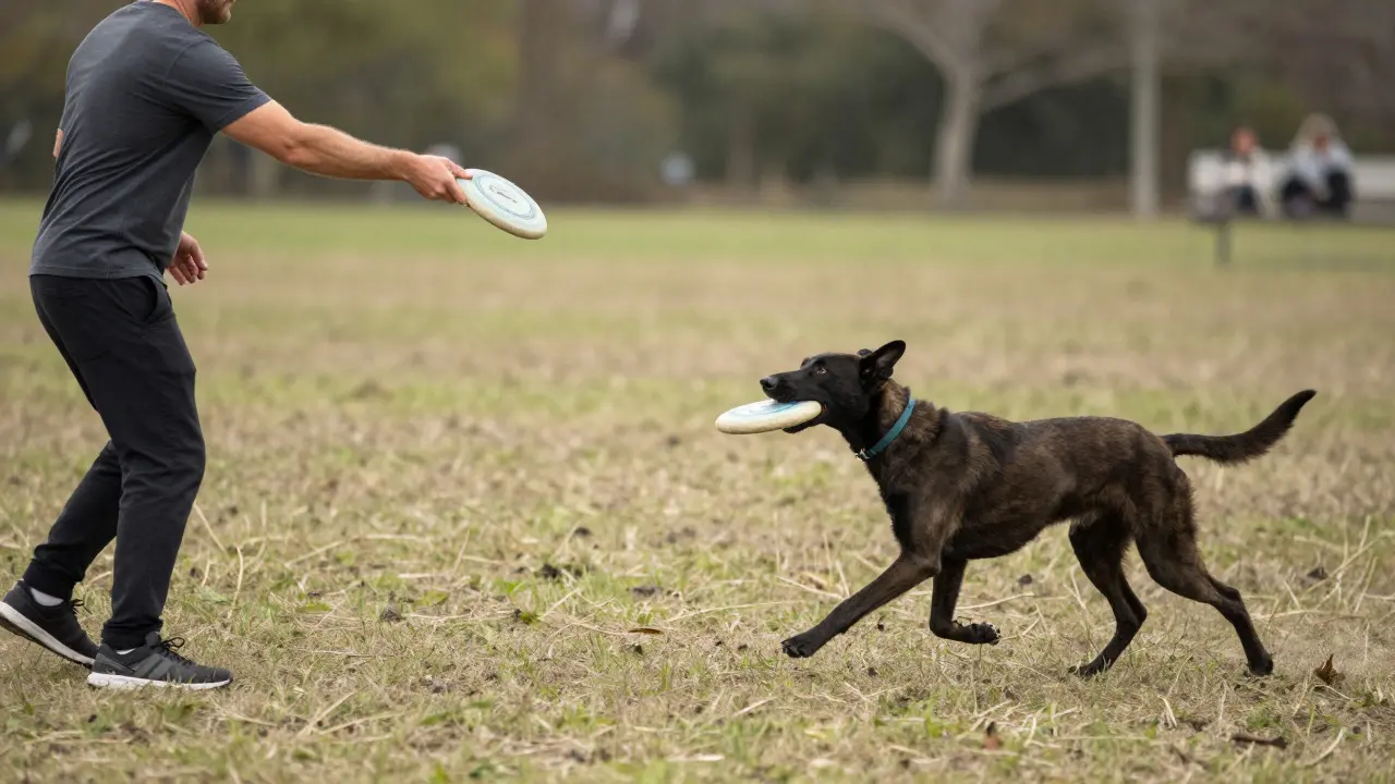Dog running with a frisbee as a handler throws another