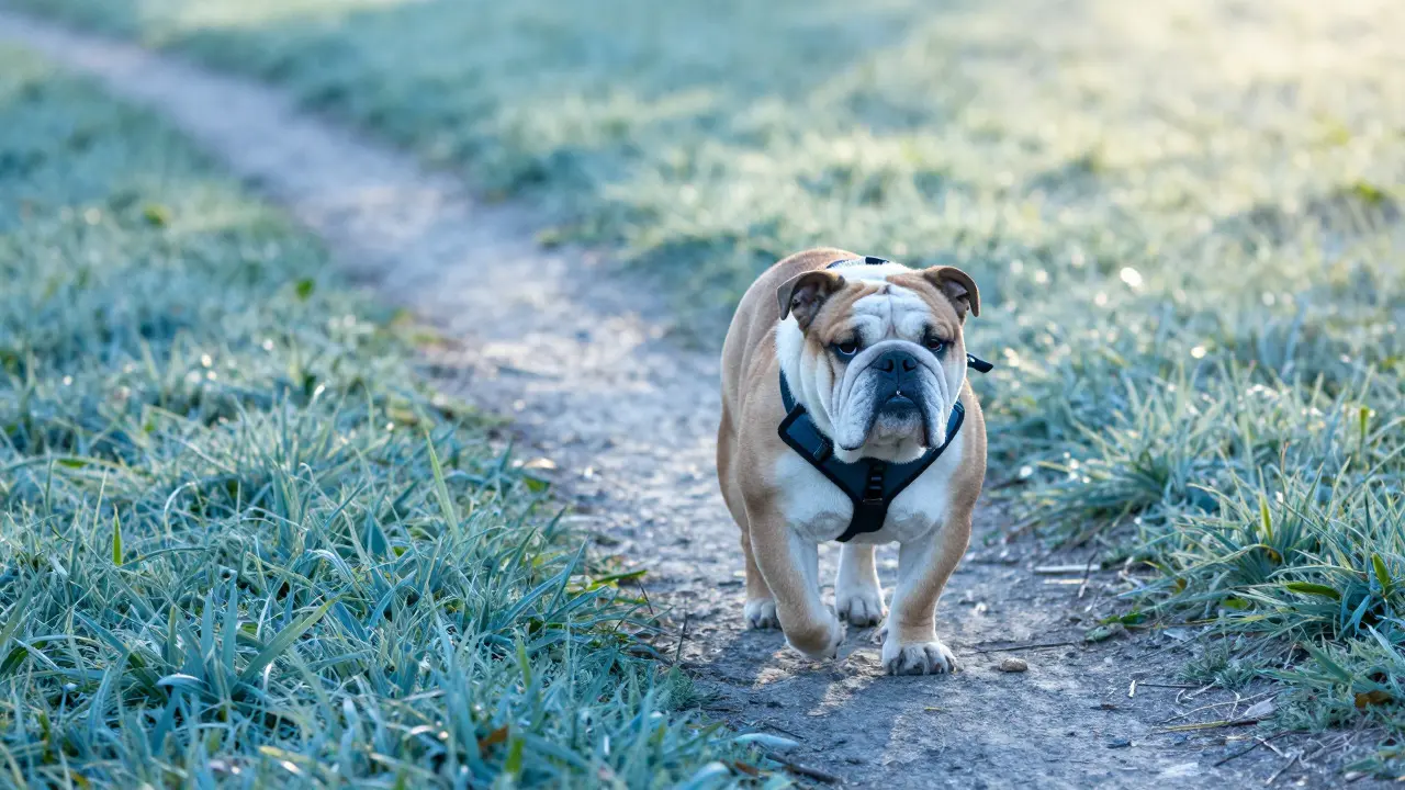 English Bulldog on a leash walking on a grassy path during early morning