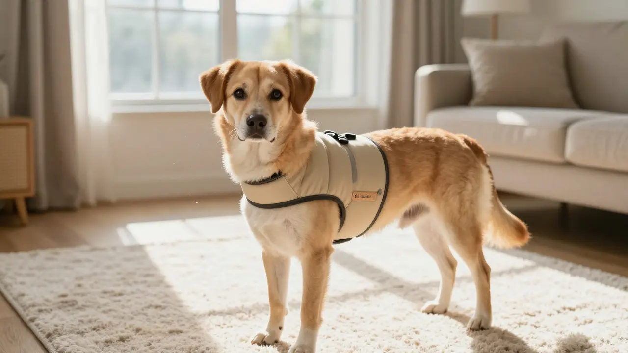 Female dog wearing a belly band indoors to manage heat cycle discharge