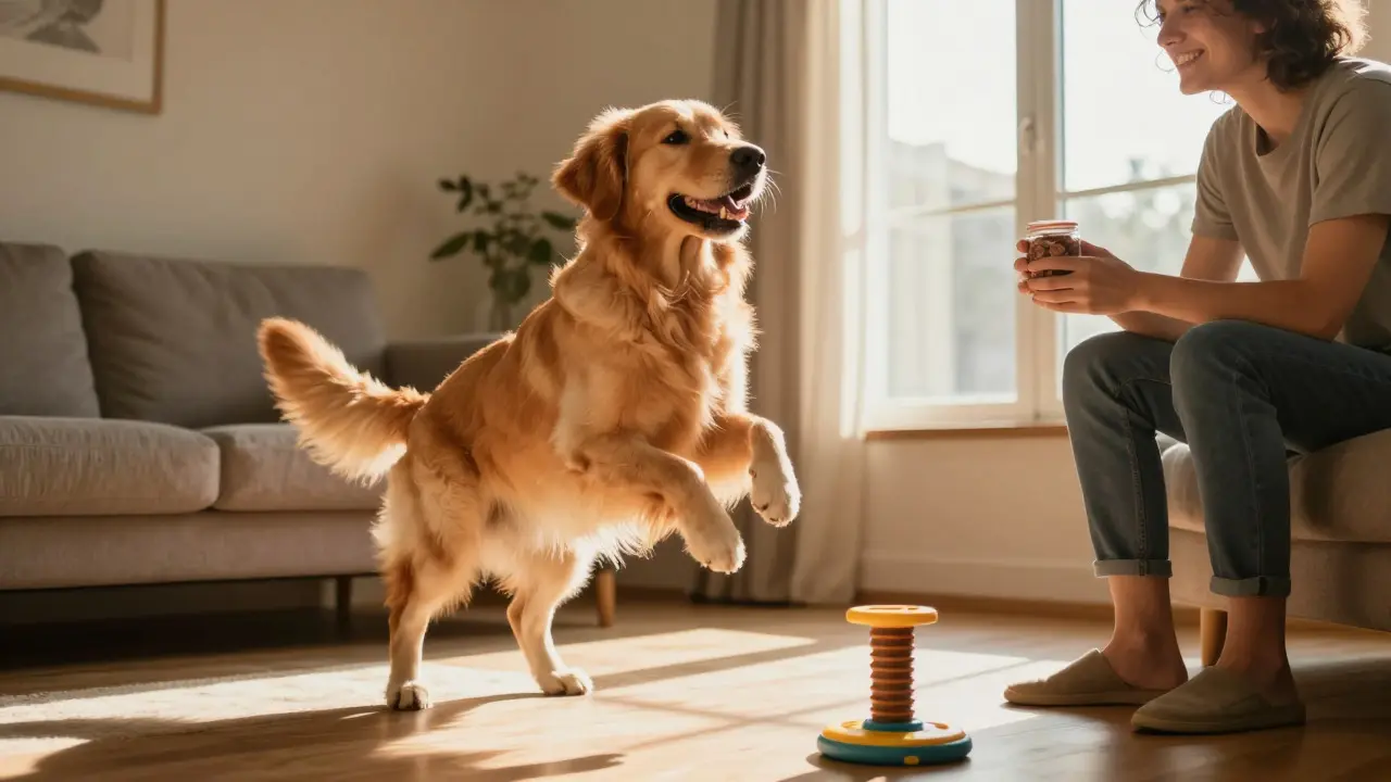 Fit Golden Retriever happily greeting its owner in a sunlit living room