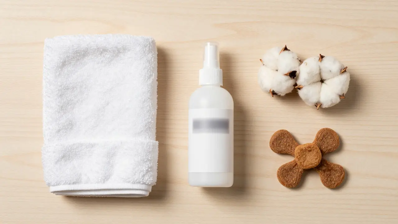 Flat lay of dog ear cleaning supplies including a towel, cleaner, and treats