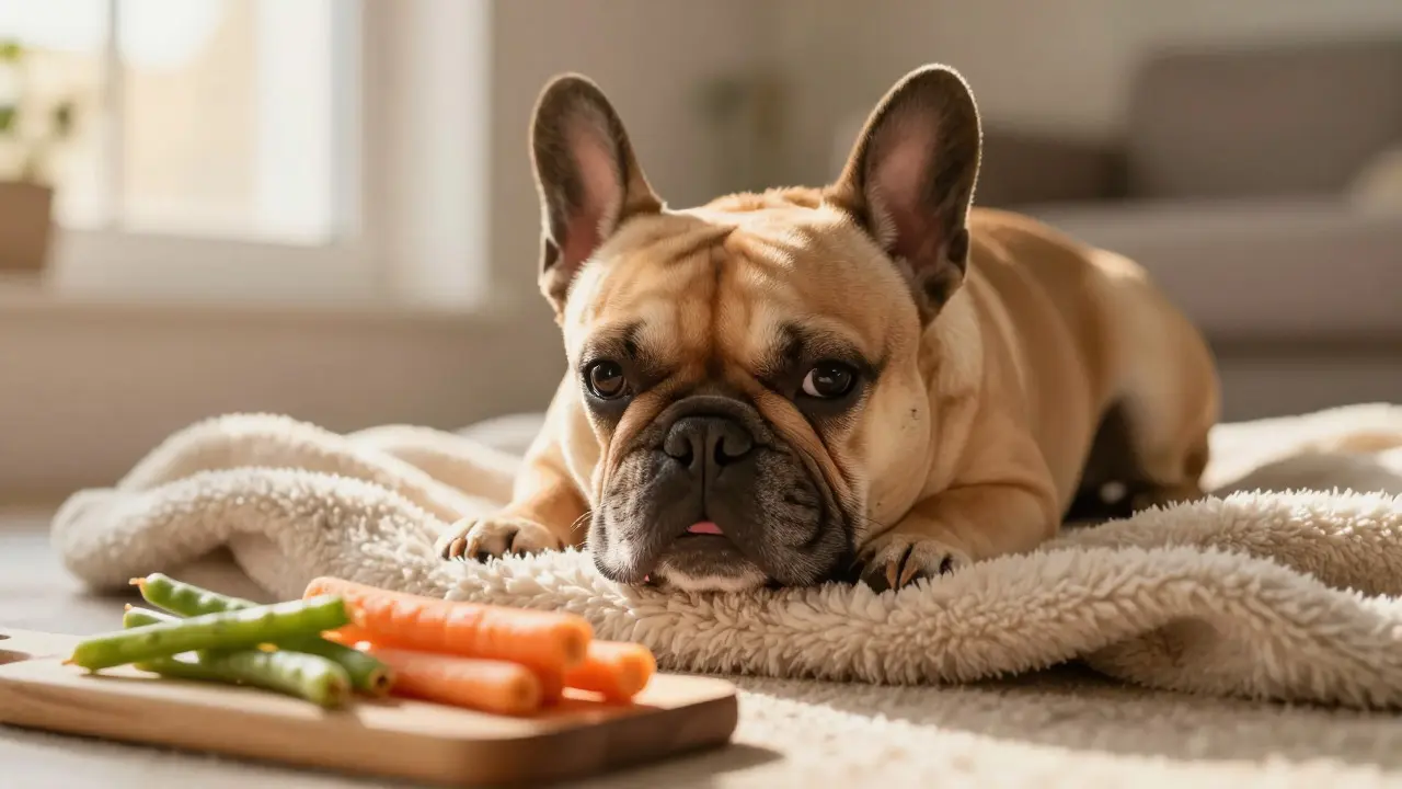 French Bulldog resting with healthy low-calorie vegetable treats nearby