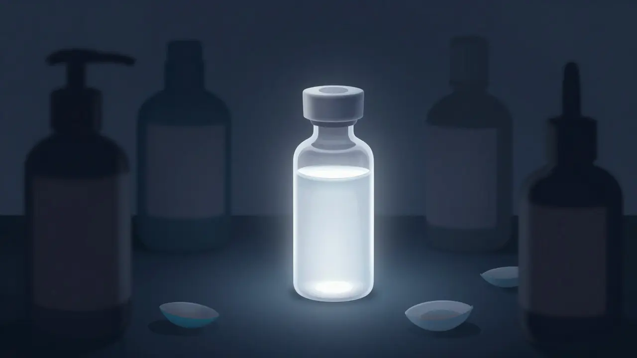 Glowing saline vial surrounded by shadowed household liquids in a conceptual art style
