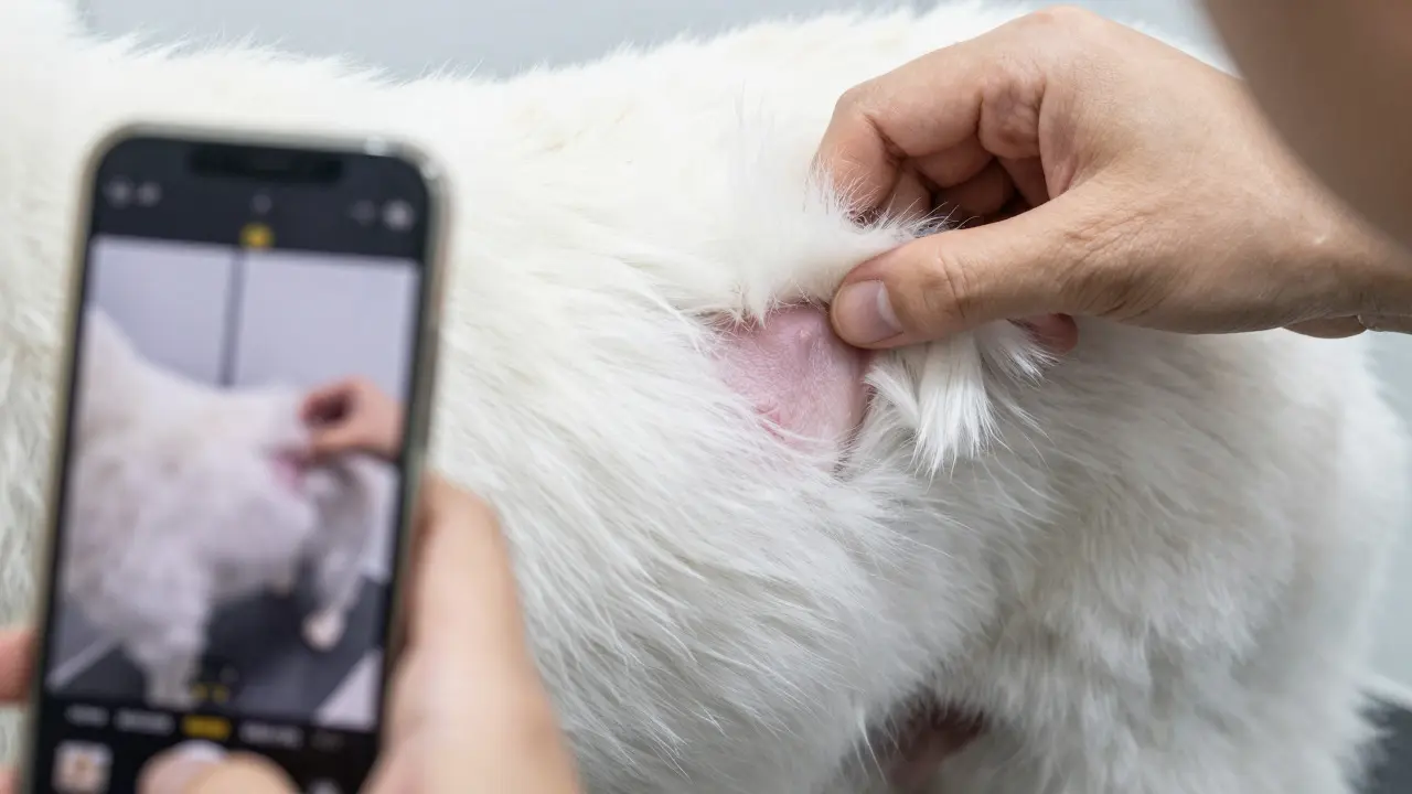 Groomer examining a dog's coat while taking a photo