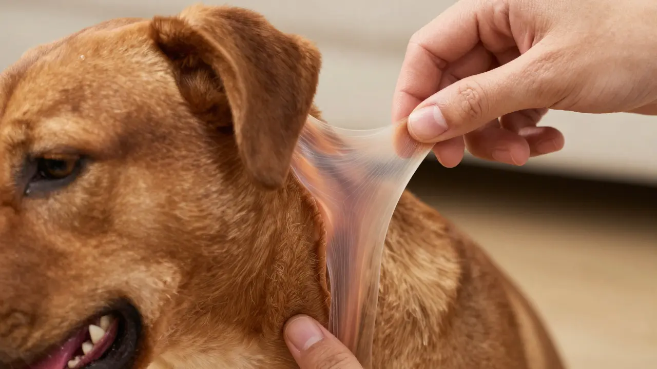 Hand performing skin tent test on a dog's neck to check hydration