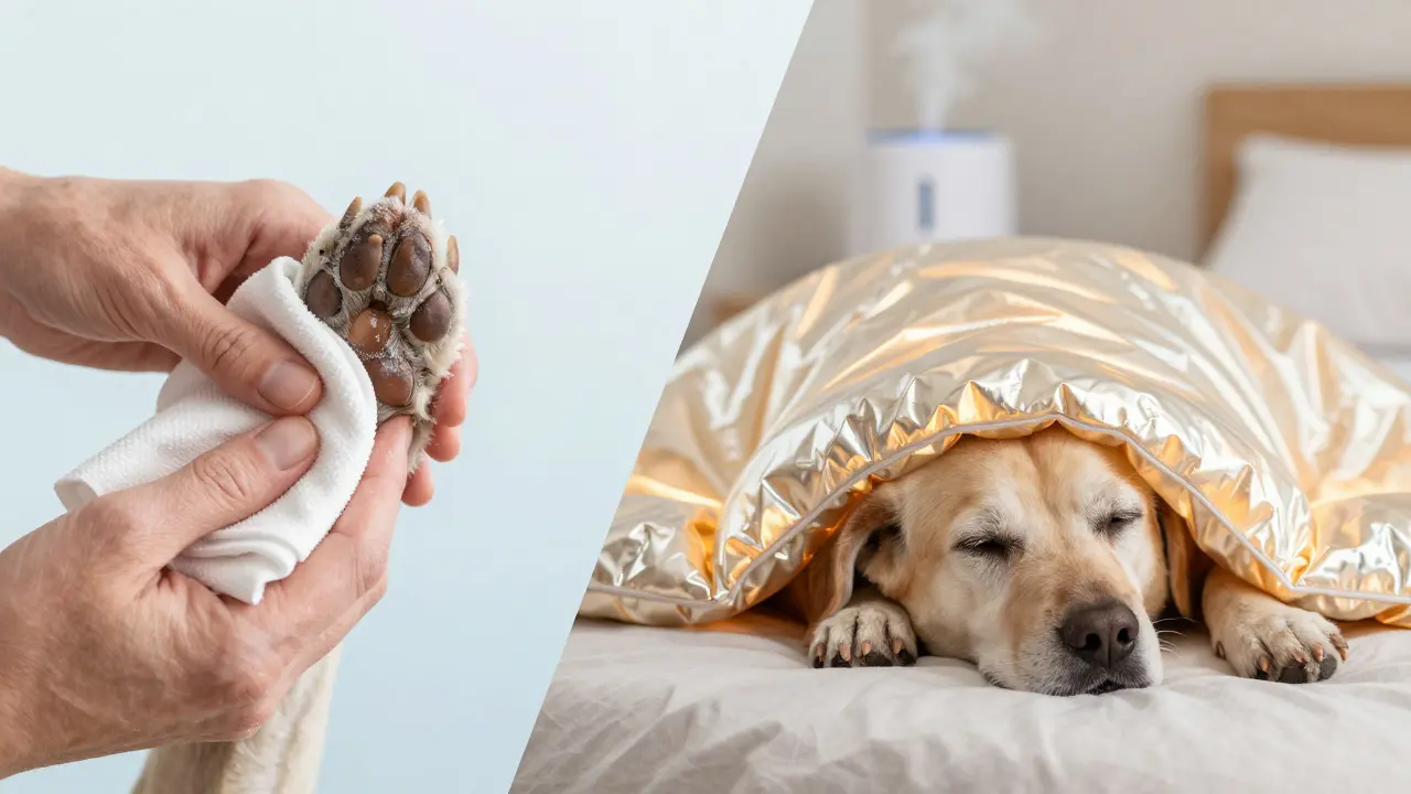 Hand wiping dog paws and dog sleeping on a self-warming reflective bed