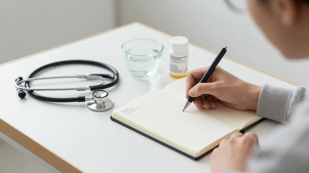 Hand writing notes in a logbook next to a pill bottle