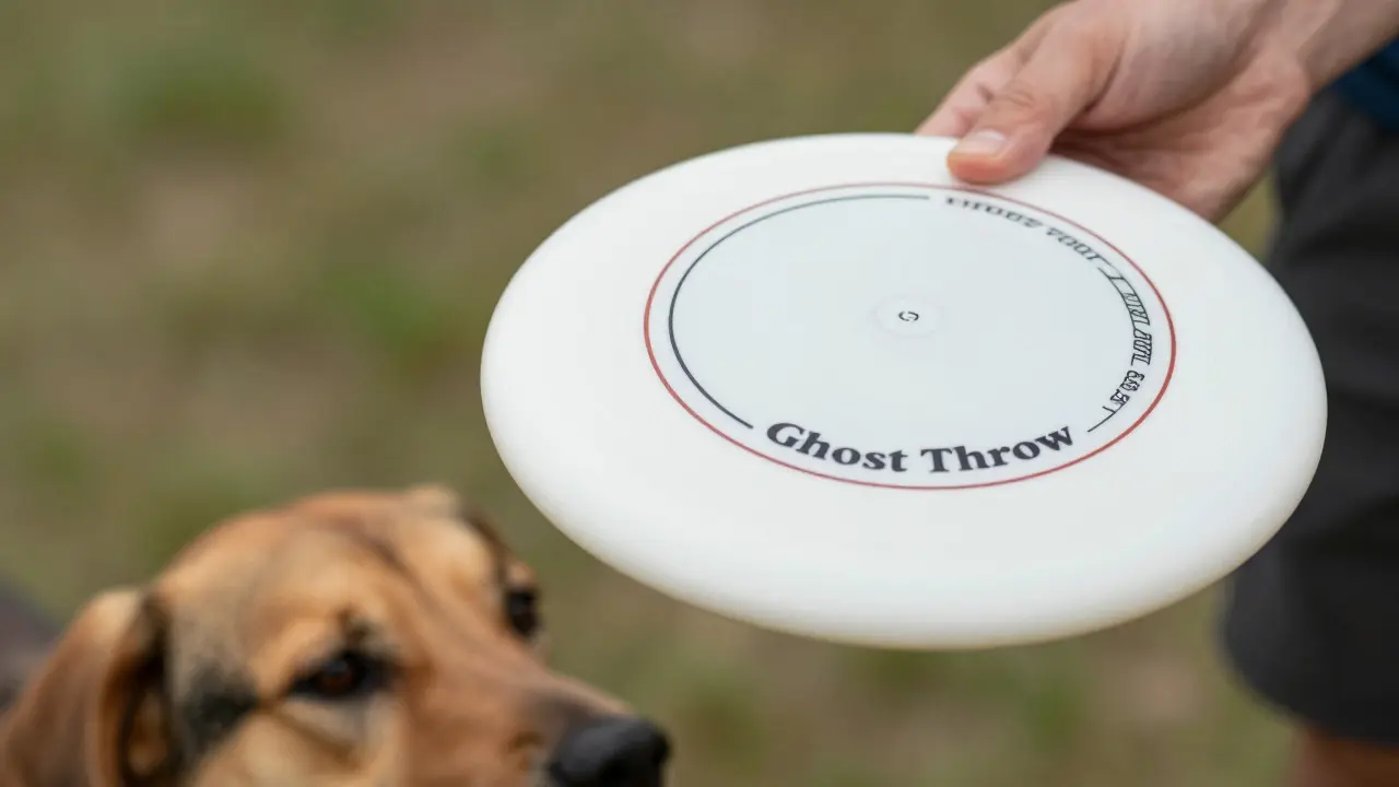 Handler holding a frisbee while a dog tracks it intently