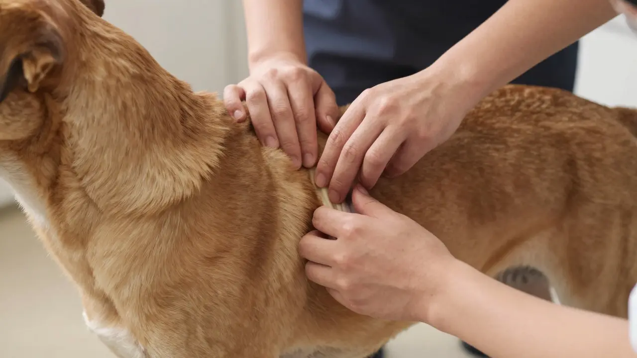 Hands checking a dog's ribs and waist to assess body condition score