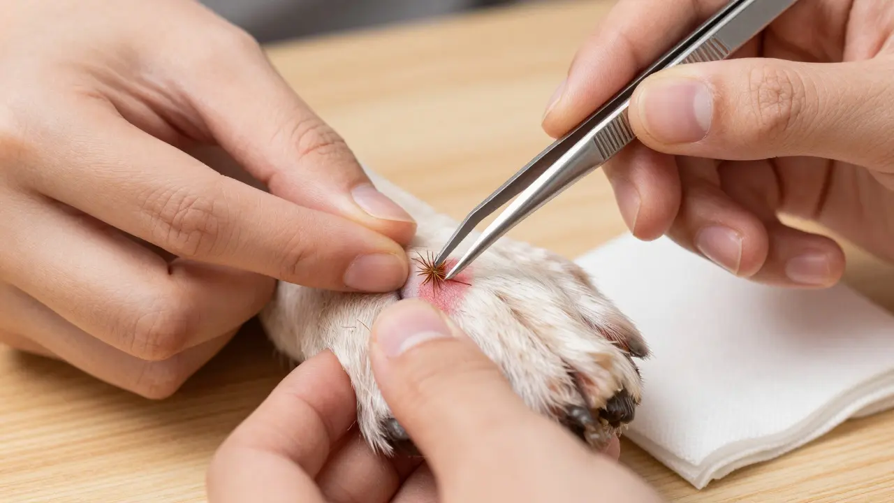 Hands using tweezers to remove a barbed grass seed from a dog's paw pad