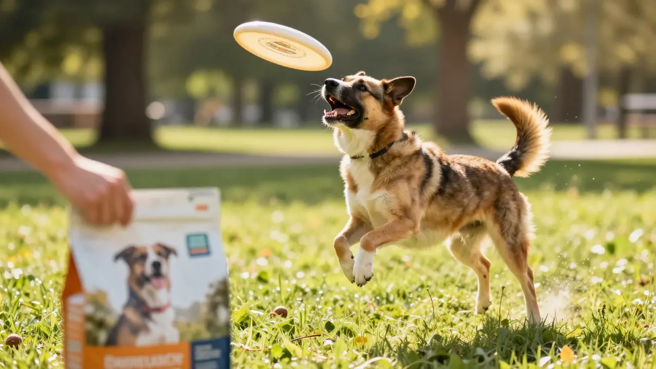 Happy dog playing in a sunny park while an owner holds a bag of premium dog food