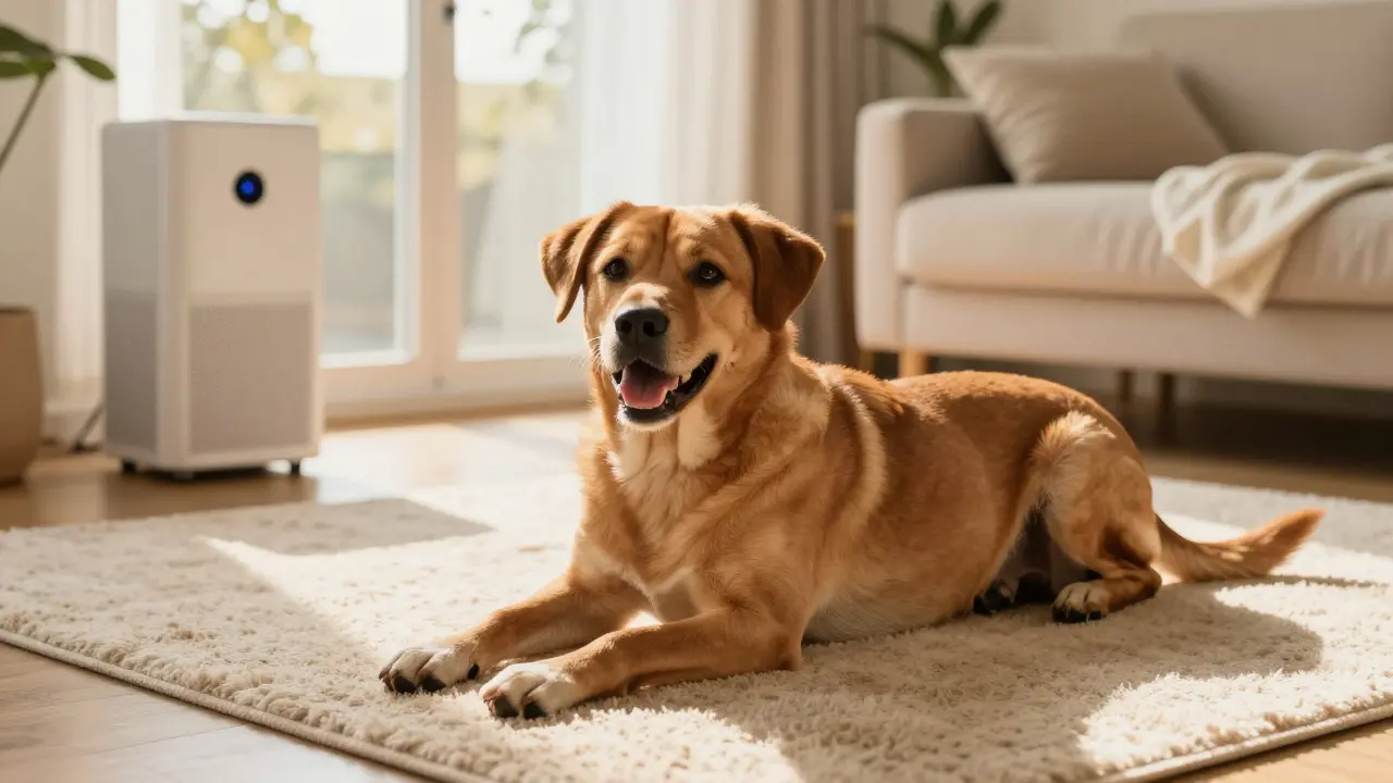 Happy dog resting in a clean, sunlit living room