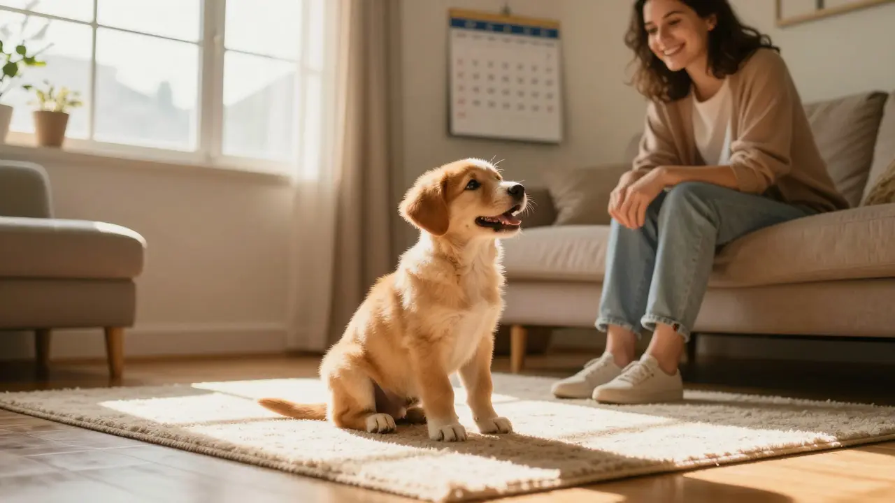 Happy puppy in a sunlit living room looking up at its owner