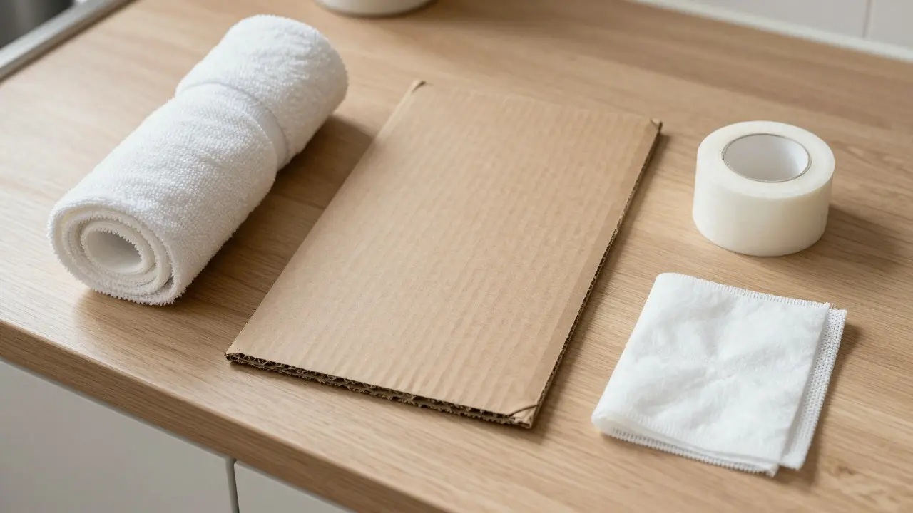 Household items like towels and cardboard arranged on a counter for dog splinting