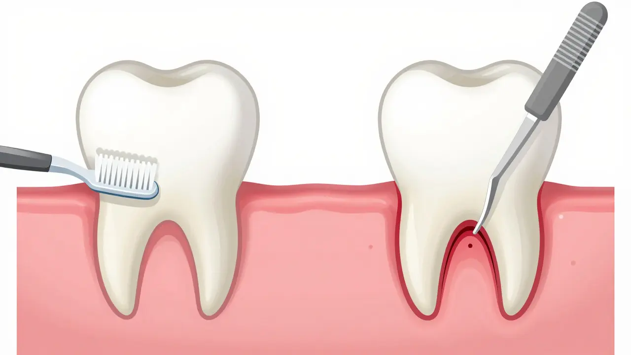 Illustration comparing superficial brushing with deep subgingival dental cleaning