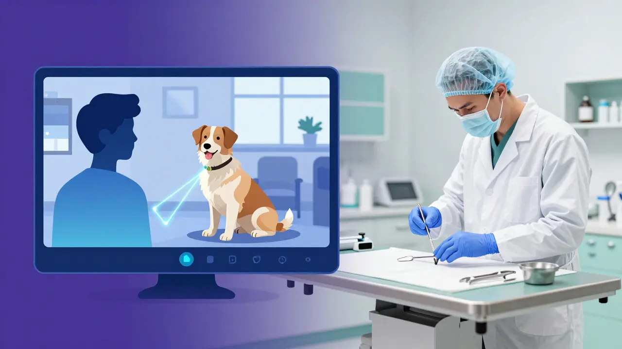 Illustration connecting a home video call with a veterinary clinic exam room