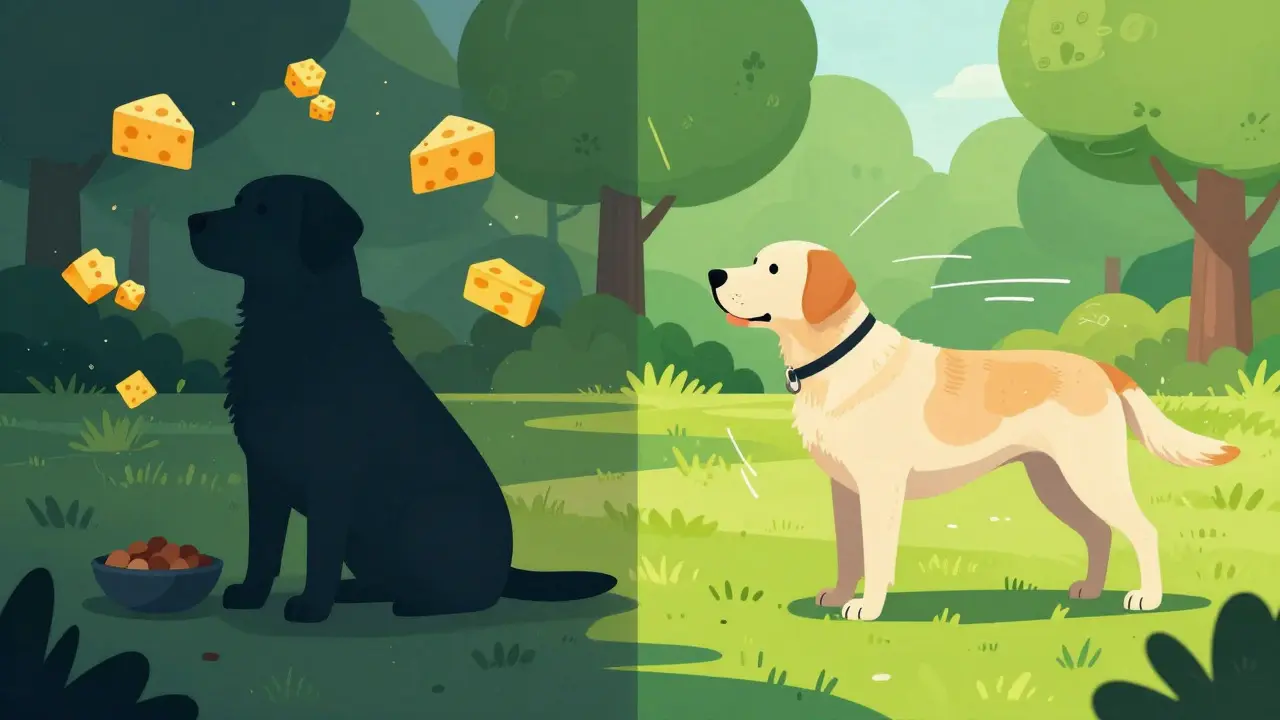 Illustration contrasting an obese dog with a healthy, active version