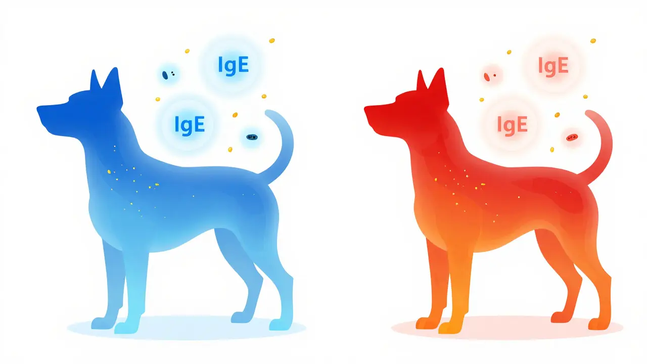 Illustration contrasting internal antibody presence with visible skin inflammation in a dog